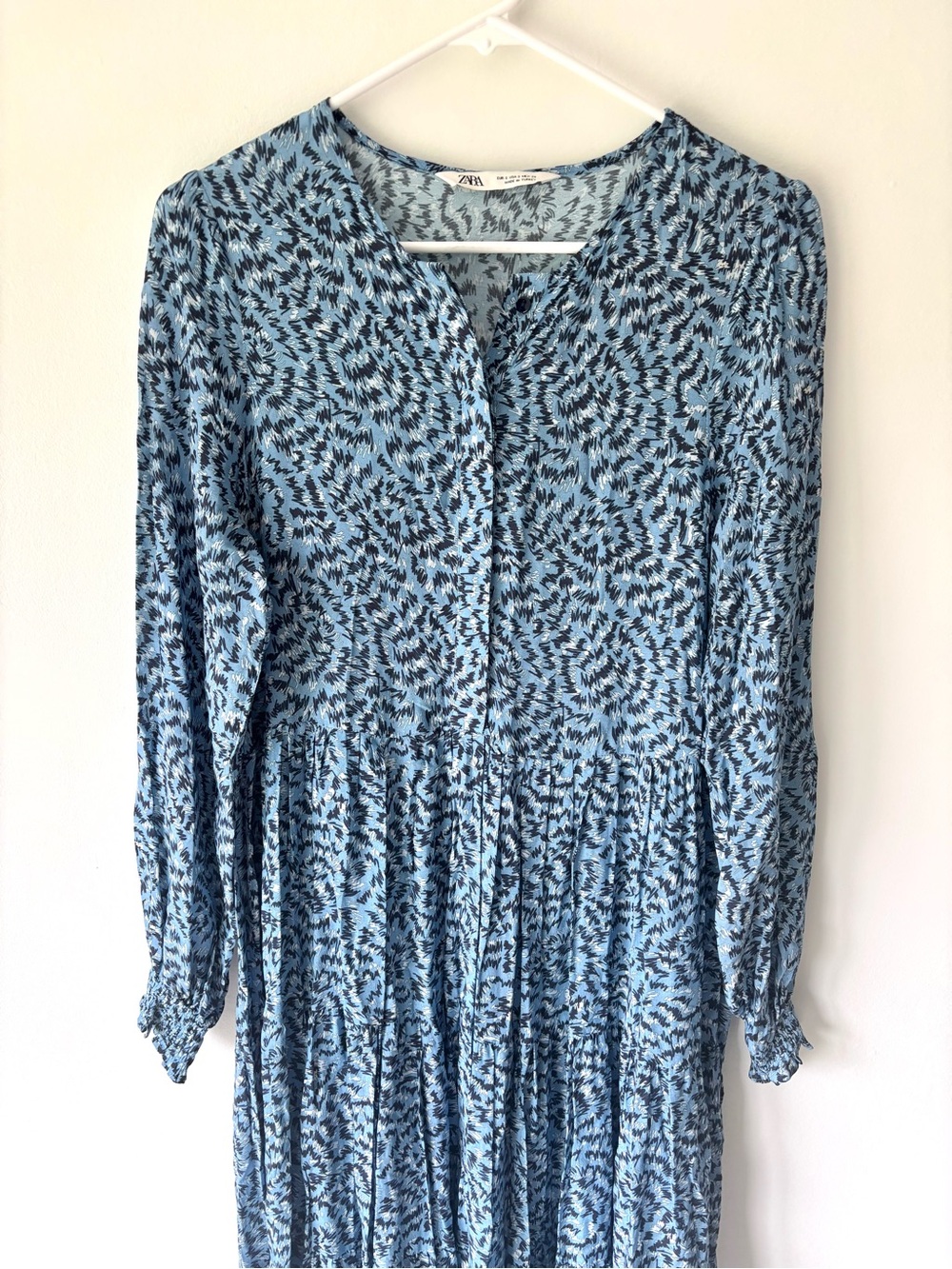 Zara The Angel Dress Blue Abstract Tiered Midi Dress Long Sleeves Flowy Boho - Picture 4 of 11